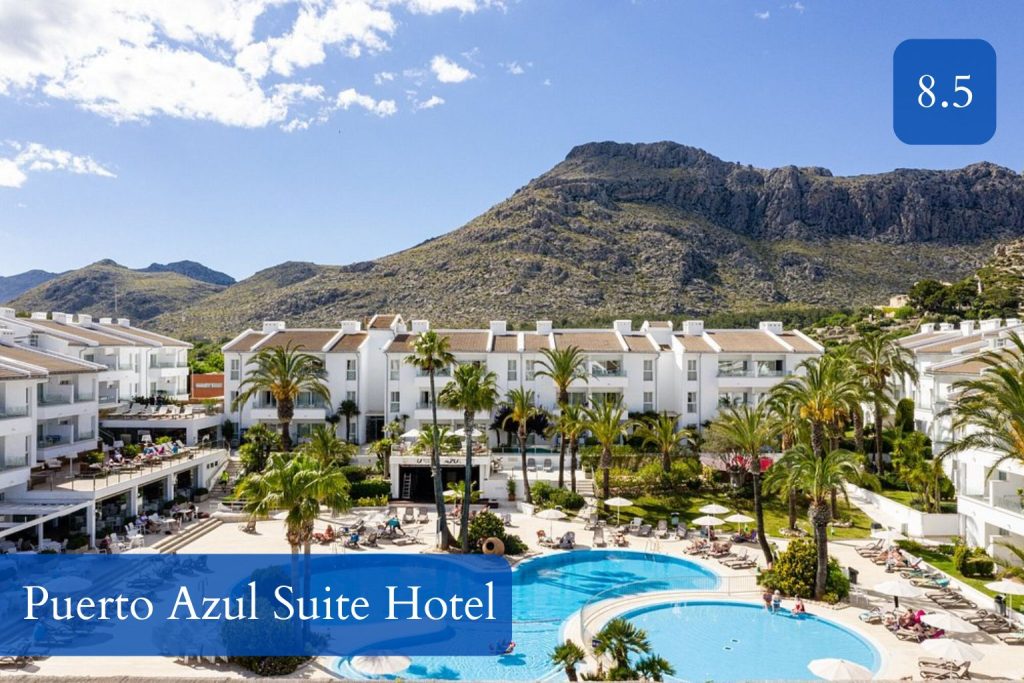Swimming pool and mountain views at Puerto Azul Suite Hotel near the beach and marina in Port de Pollença, Mallorca.