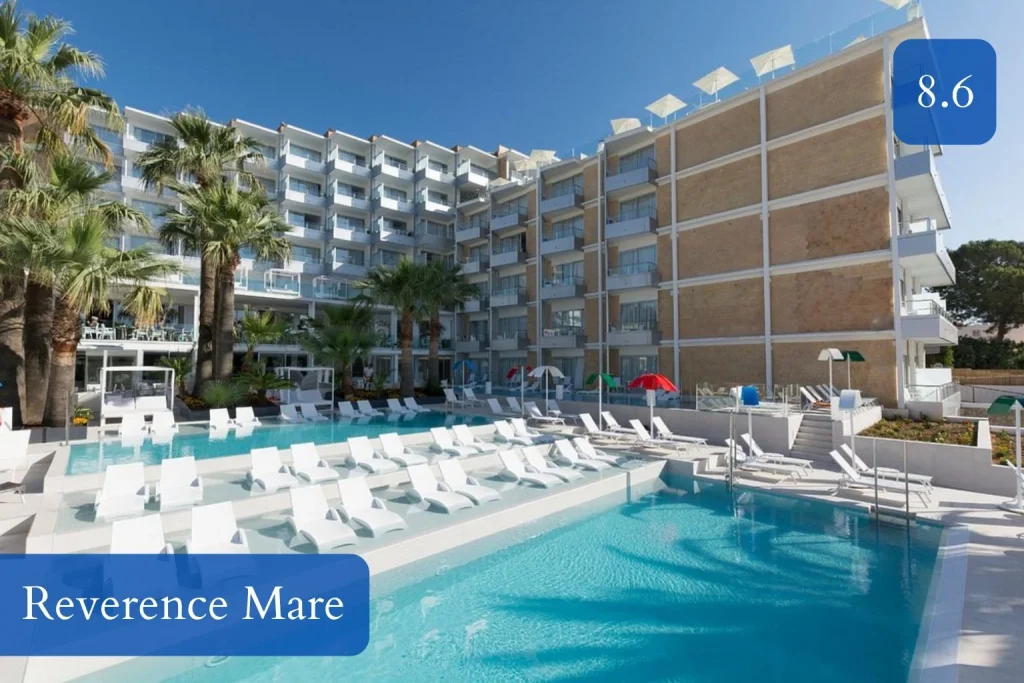 Modern outdoor swimming pool at Reverence Mare Hotel in Central Palmanova, Mallorca.