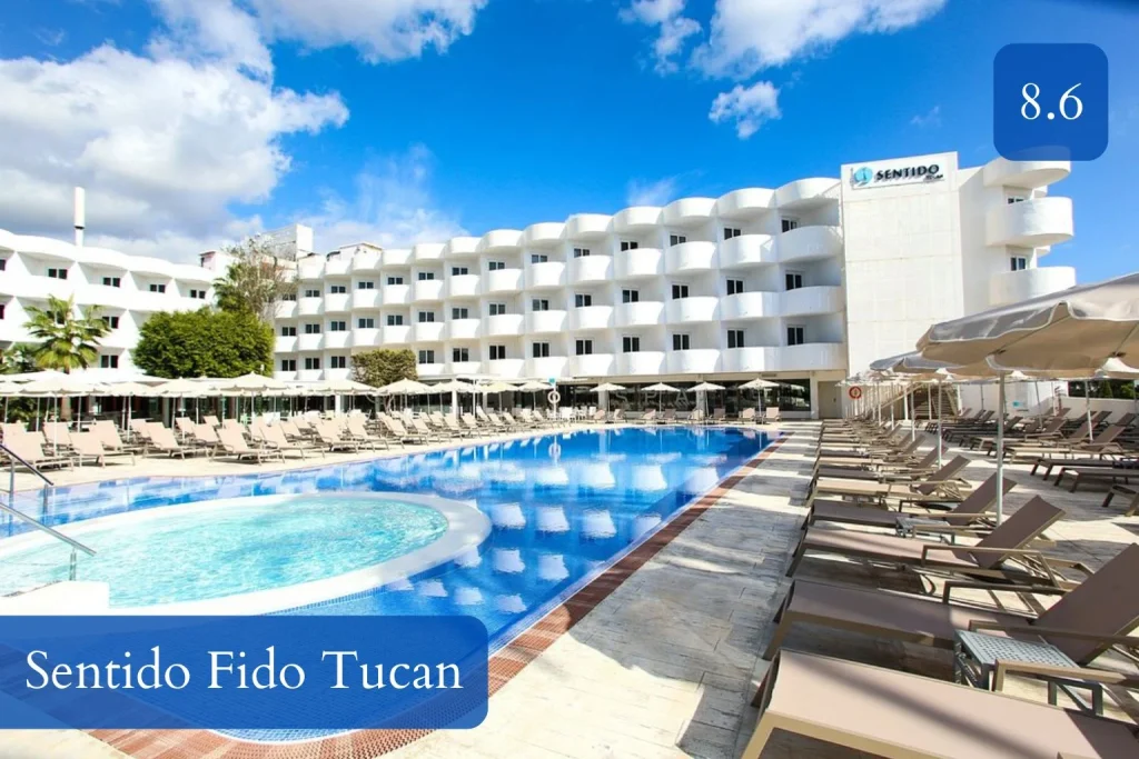 Outdoor swimming pool and sun terrace at Sentido Fido Tucan in Cala d’Or, Mallorca.
