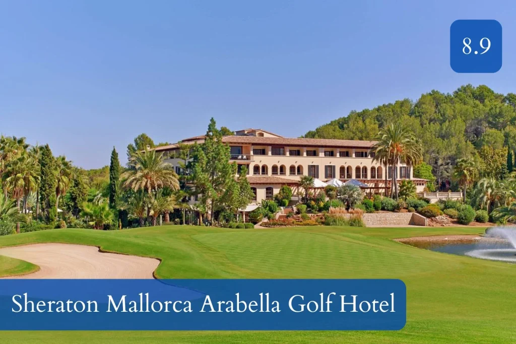 Golf course with sand bunker and resort building at Sheraton Mallorca Arabella Golf Hotel in Son Vida, Mallorca