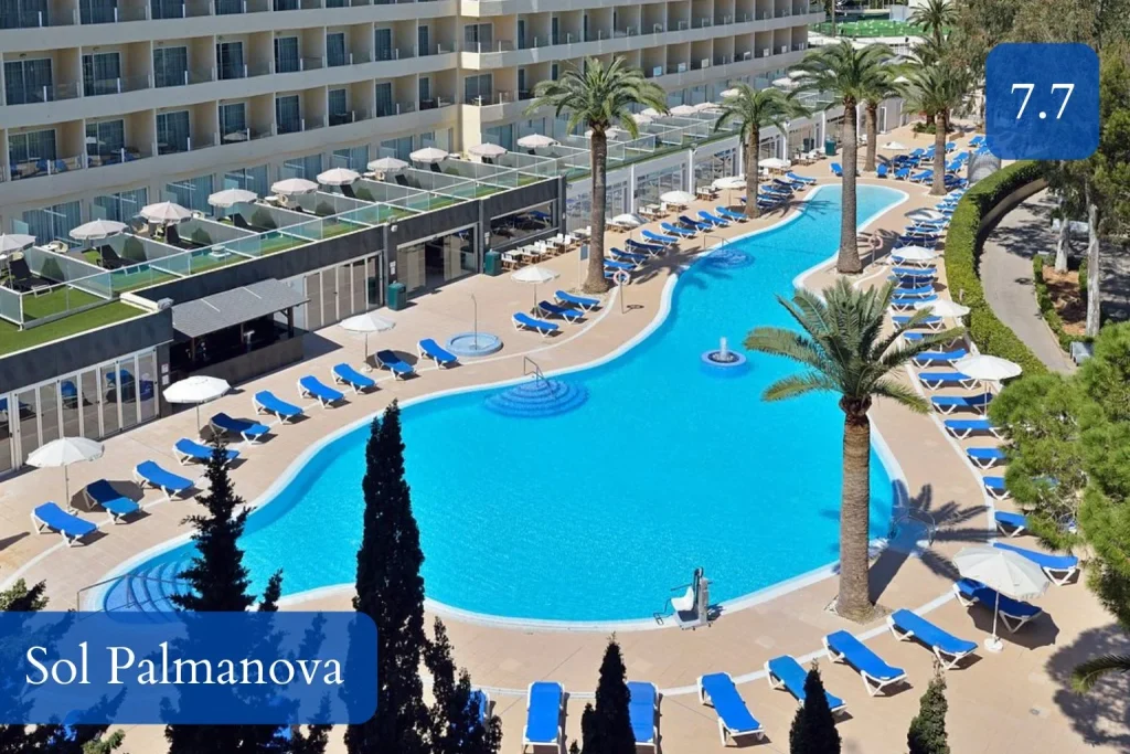 Outdoor swimming pool surrounded by sun loungers at Sol Palmanova in Palmanova, Mallorca.