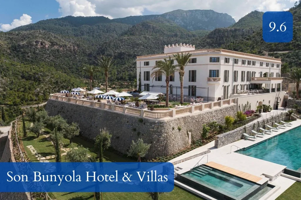 Main infinity pool overlooking the Tramuntana Mountains at Son Bunyola Hotel & Villas in Banyalbufar, Mallorca, offering a peaceful luxury retreat.