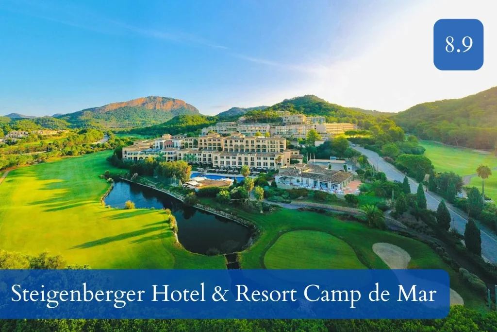 Aerial view of the golf course, lake, and resort buildings at Steigenberger Hotel & Resort Camp de Mar in Camp de Mar, Mallorca