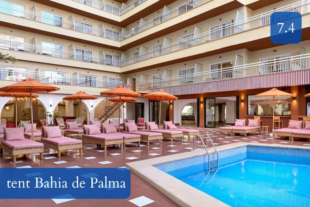 Outdoor pool and sun lounge area at tent Bahia de Palma hotel in El Arenal, Mallorca.