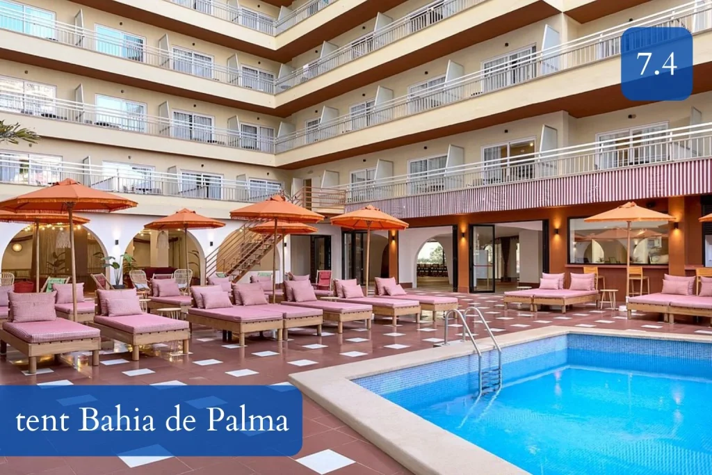 Pool terrace and outdoor swimming pool at tent Bahia de Palma in El Arenal, Mallorca