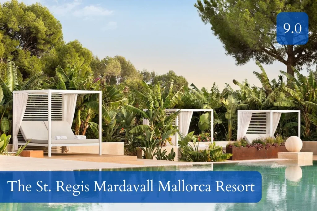 Luxury pool cabanas nestled among lush tropical gardens at The St. Regis Mardavall Mallorca Resort in Costa d'en Blanes, Mallorca.
