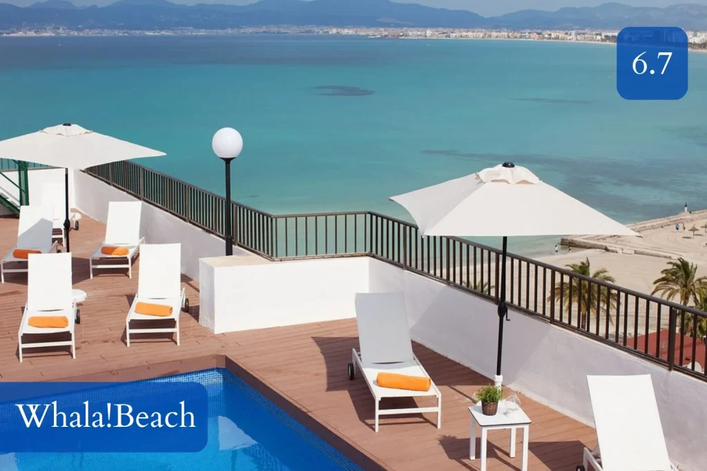 Rooftop swimming pool overlooking the Bay of Palma at whala!beach in Arenal Beach, Mallorca.