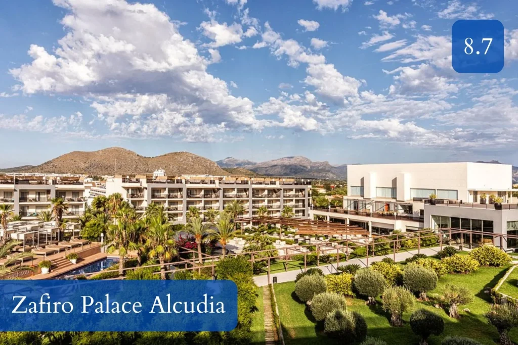 Resort gardens and luxury accommodations at Zafiro Palace Alcudia in Port d’Alcudia, Mallorca