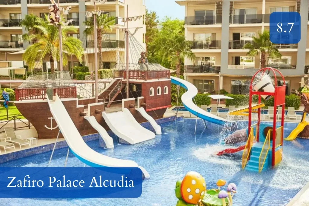 Pirate ship pool with water slides and splash play area at Zafiro Palace Alcudia in Port d’Alcudia, Mallorca