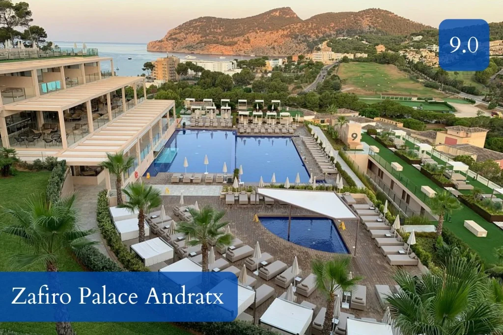 Luxury outdoor pool, sun terrace, and golf course views at Zafiro Palace Andratx in Camp de Mar, Mallorca