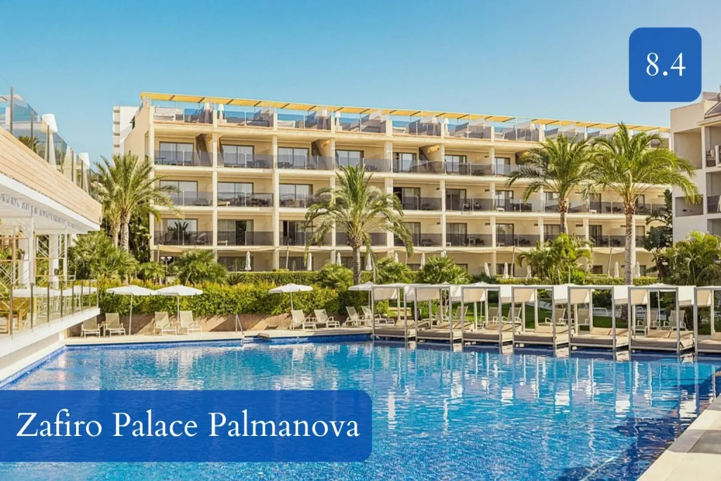 Main pool complex with cabanas at Zafiro Palace Palmanova in Palmanova, Mallorca