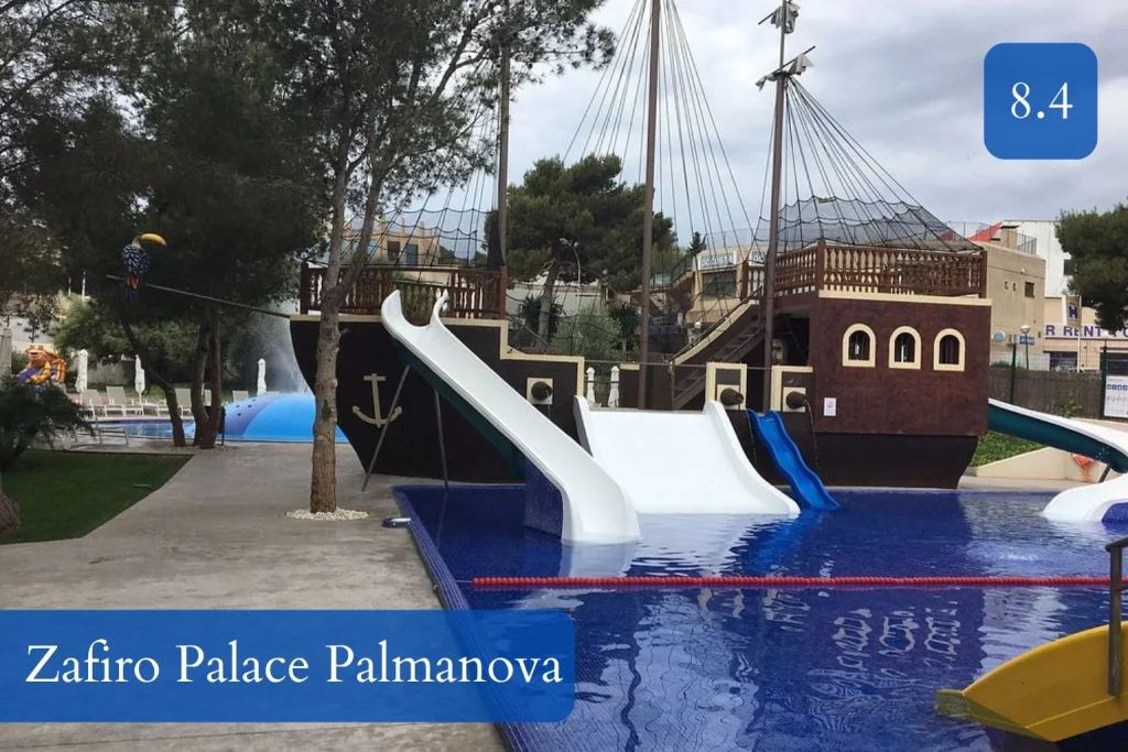 Pirate ship pool with water slides at Zafiro Palace Palmanova in Palmanova, Mallorca