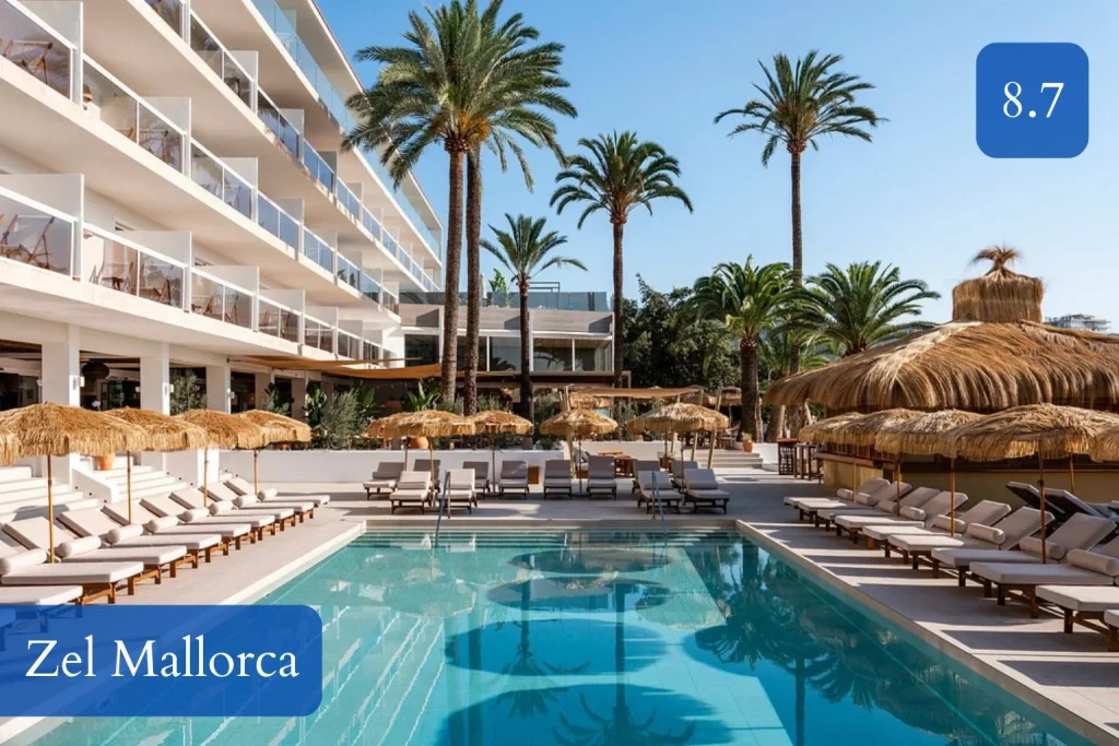 Outdoor swimming pool with palm trees and sun loungers at Zel Mallorca in Central Palmanova, Mallorca.