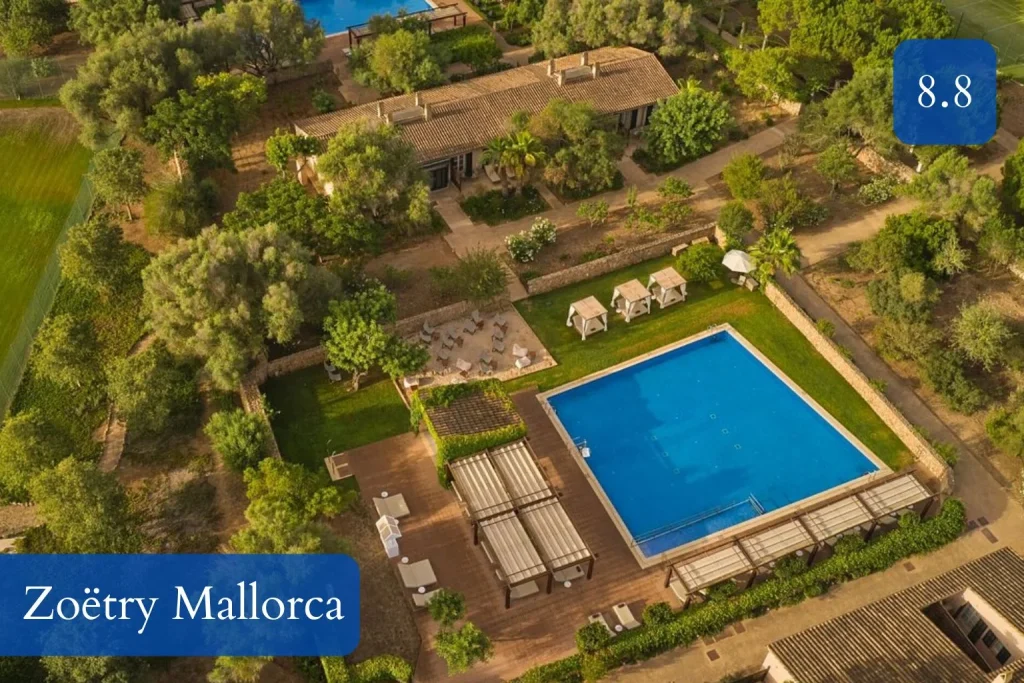 Aerial view of Zoëtry Mallorca with outdoor pool, landscaped gardens, and countryside surroundings in Llucmajor, Mallorca