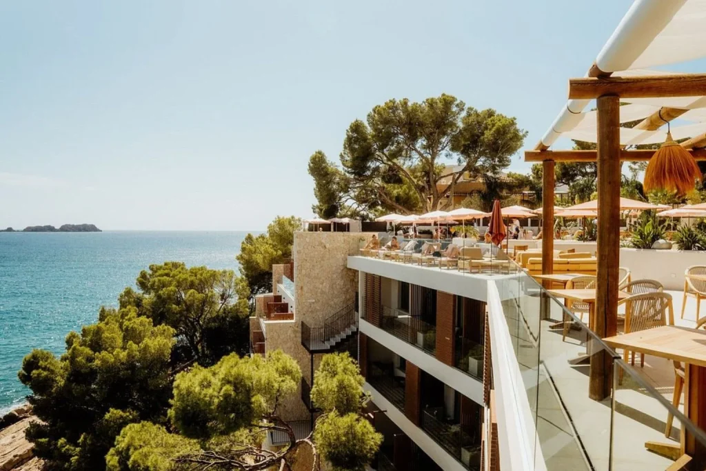 Sea-view terrace overlooking the Mediterranean at Aethos Palmira Hotel in Peguera, Majorca.