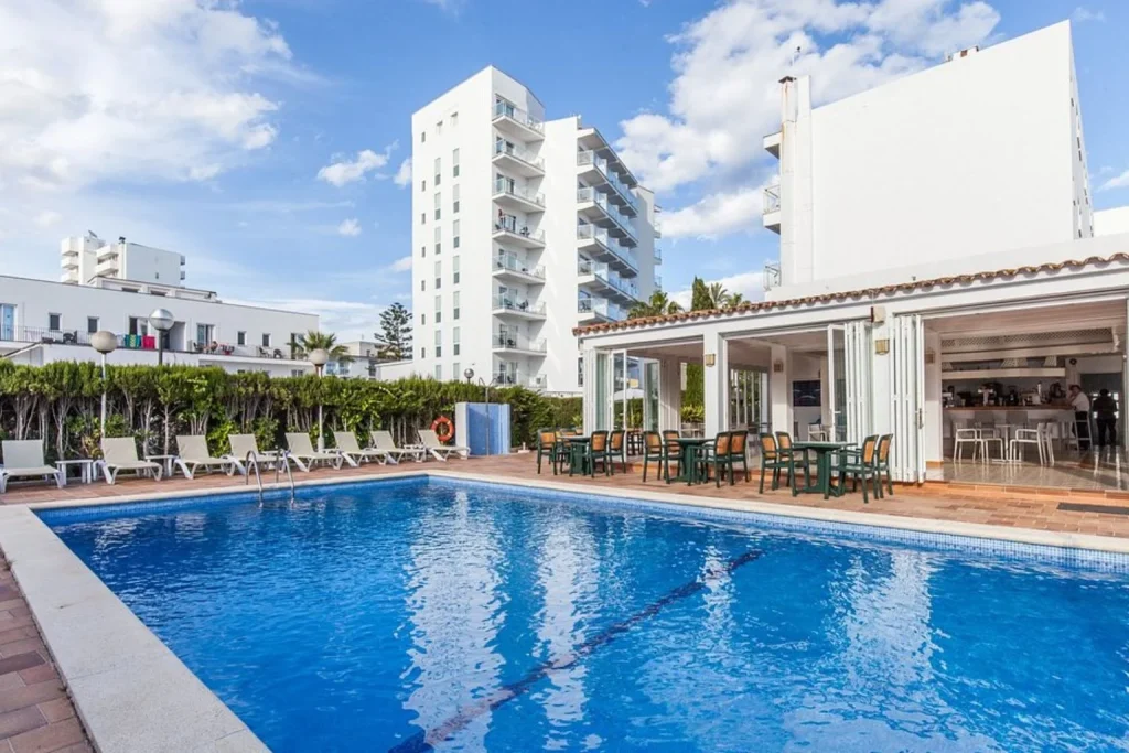 Outdoor swimming pool and terrace at BLUESEA Cala Millor in Cala Millor, Majorca.