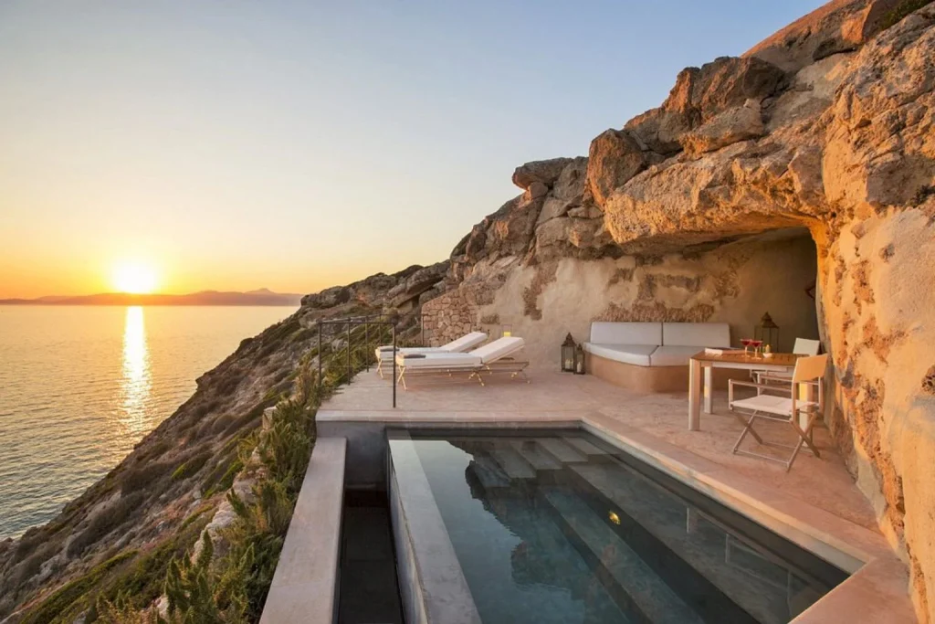 Private clifftop plunge pool overlooking the Mediterranean Sea at Cap Rocat in the Bay of Palma.