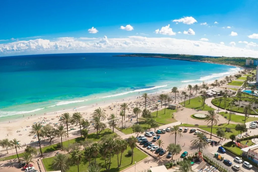 Panoramic view of Cala Millor Beach from CM Castell de Mar in Majorca.