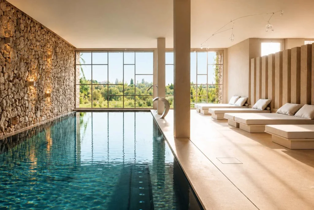 Indoor spa pool with relaxation loungers, minimalist architecture, and natural light at Es Racó d’Artà in Artà, Mallorca.