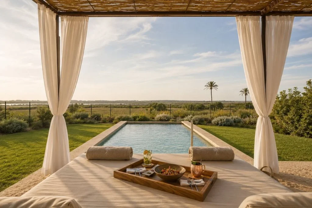 Private pool with garden and countryside views at Fontsanta Hotel Thermal Spa & Wellness near Colònia de Sant Jordi, Mallorca.