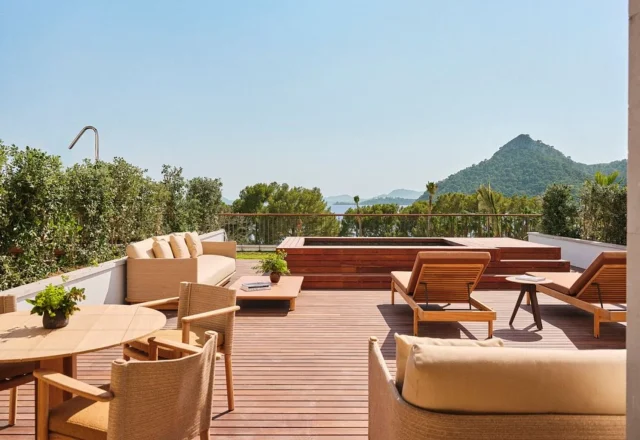 Private terrace with a plunge pool and mountain views at Four Seasons Resort Mallorca at Formentor on the Formentor Peninsula.
