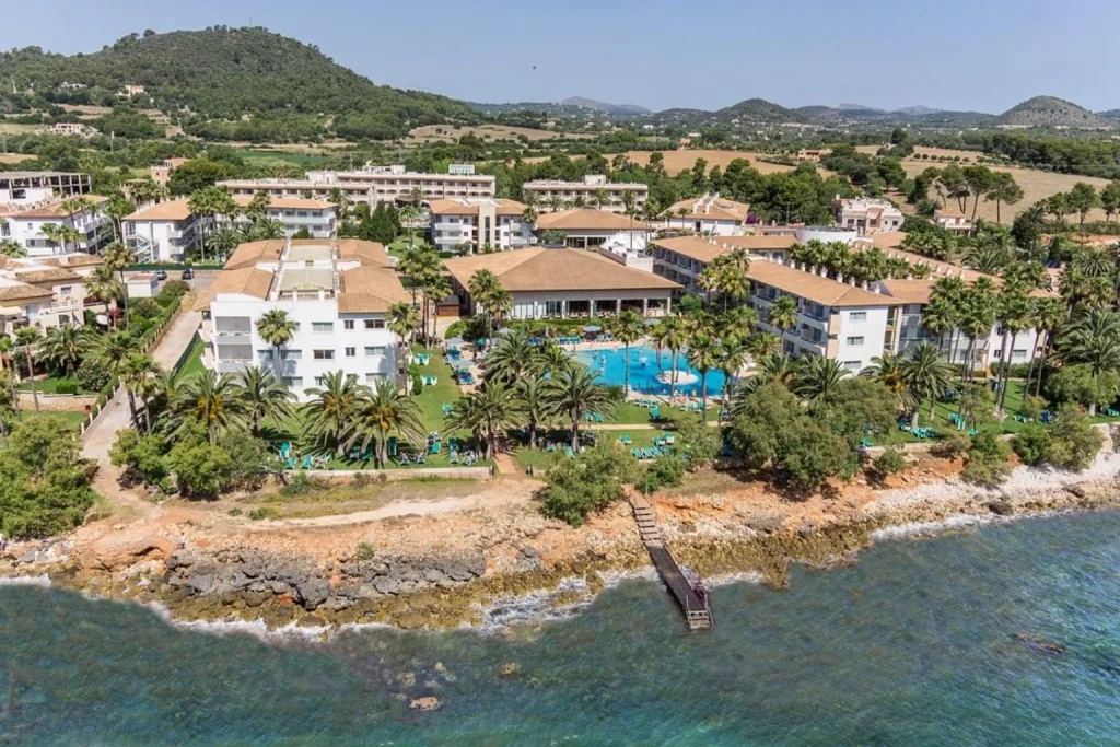 Aerial view of Grupotel Mallorca Mar overlooking the seafront in Cala Bona, Majorca.