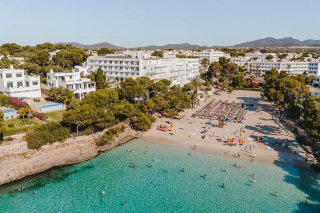 Aerial view of Cala Gran Beach near Grupotel Rocador in Cala d'Or, Mallorca.