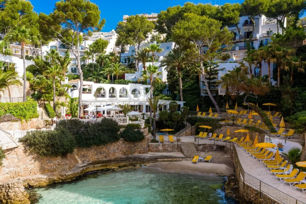 Private cove and beachfront terraces at Hotel BonSol Resort & Spa in Illetas, Mallorca.