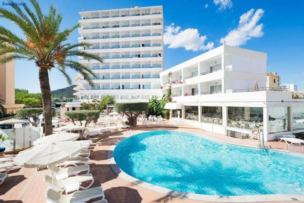 Outdoor swimming pool and sun terrace at Hotel Morito in Cala Millor, Majorca.