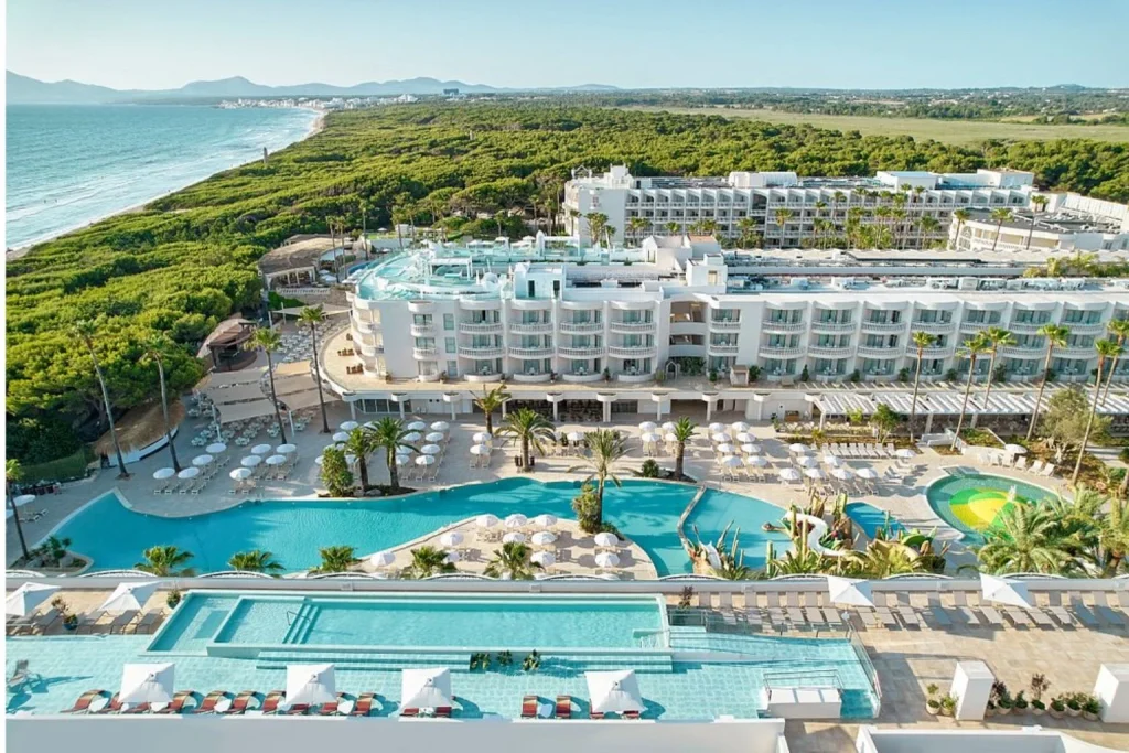 Aerial view of resort swimming pools at Iberostar Selection Albufera Playa in Playa de Muro, Mallorca