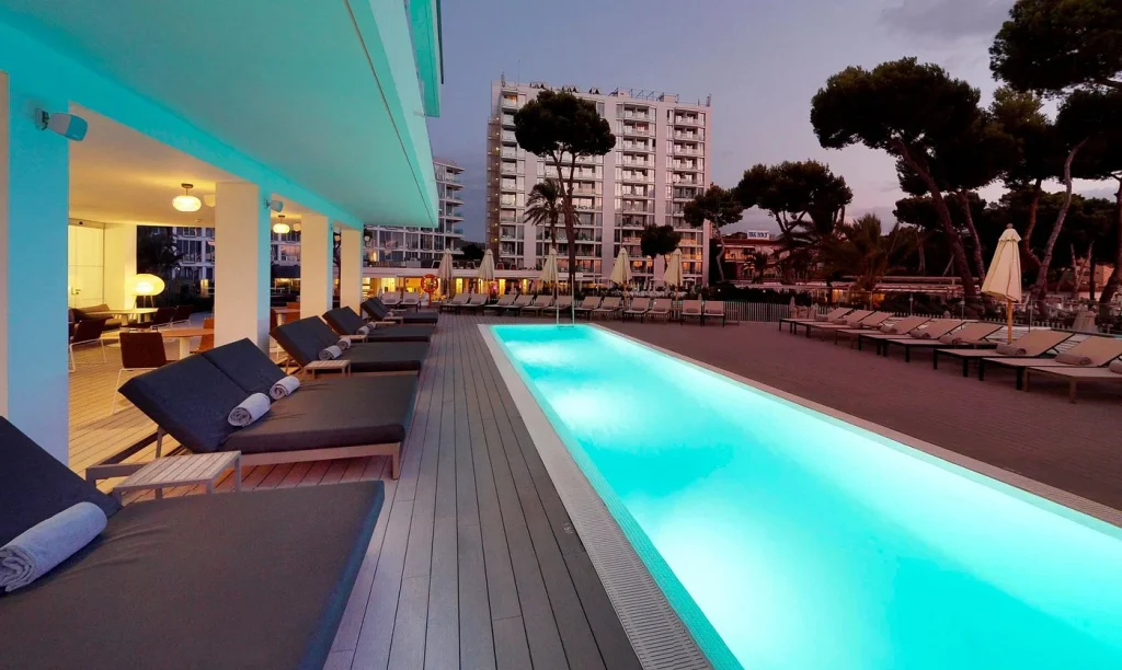 Adults-only pool at sunset at Meliá Calviá Beach in Magaluf, Mallorca.