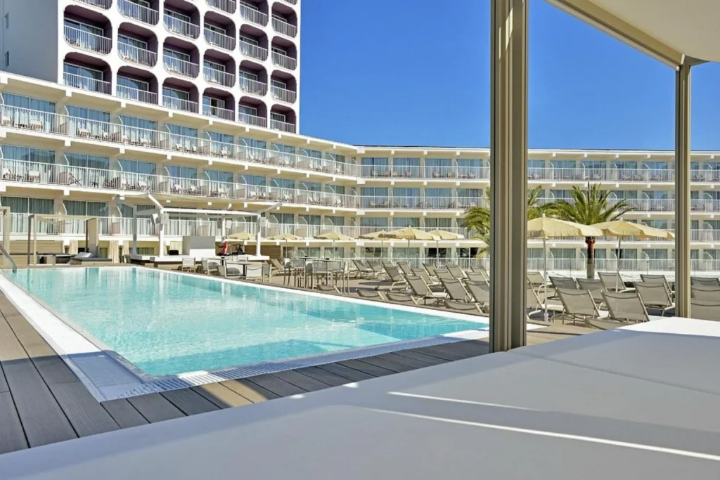 Outdoor swimming pool and sun terrace at Sol House The Studio in Magaluf, Mallorca.