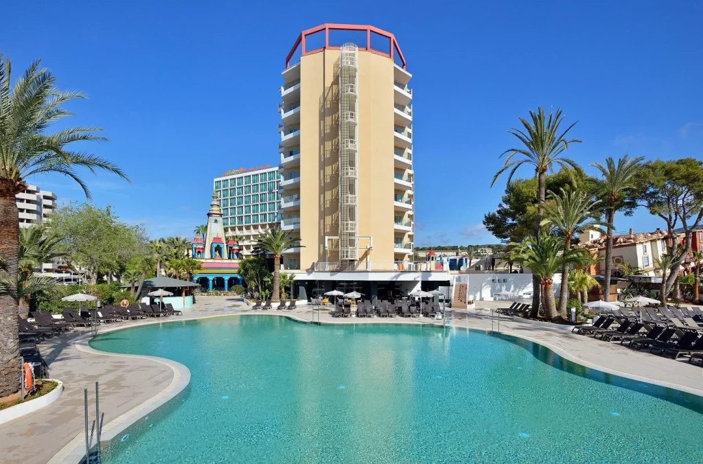 Main pool and hotel tower at Sol Katmandú Park & Resort in Magaluf, Mallorca.