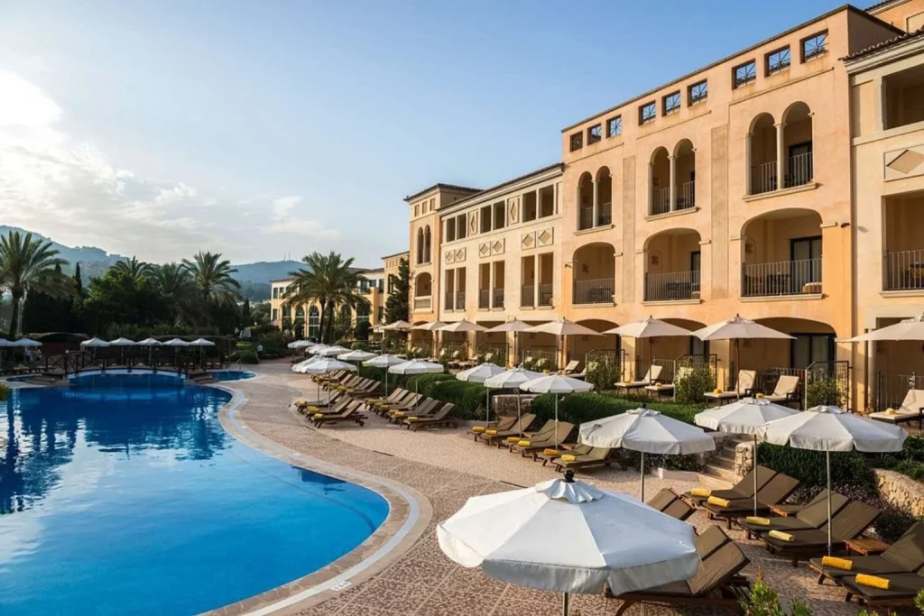 Main outdoor swimming pool with sun loungers and landscaped gardens at Steigenberger Hotel & Resort Camp de Mar in Camp de Mar, Mallorca.