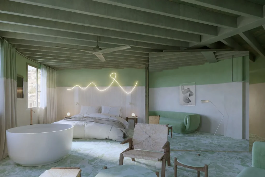 Modern design suite with a freestanding bathtub, lounge area, and king bed at Terreno Barrio Hotel in Palma.